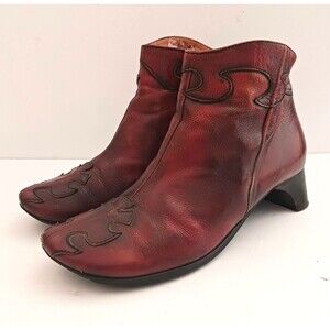 Think Ankle Boots Dk Red Leather Applique Slant Wood Heel EU 39 US 8-8.5